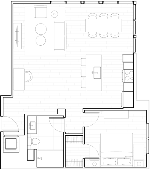 Floor plan for 1 bed, 1 bath, 851 sqft